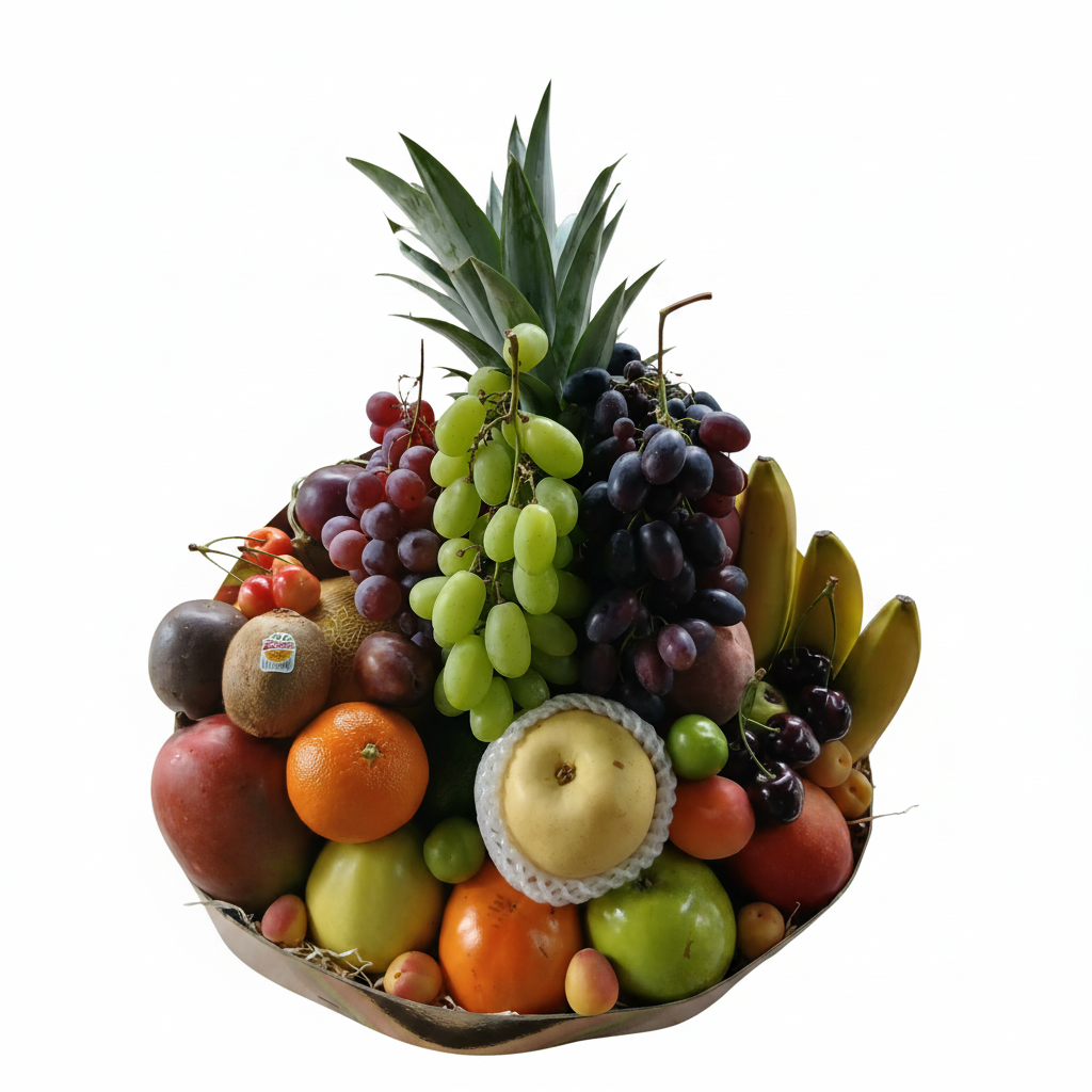 Fruitmand met 28 soorten vers fruit op een witte achtergrond